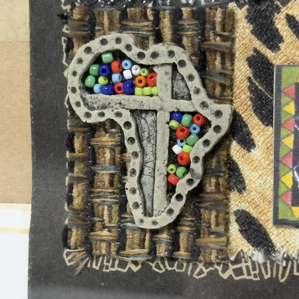 Framed Mixed Media African Safari Wildlife Tribal Wall Art Textile Decor 10x12